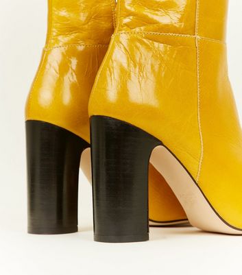 Mustard Premium Leather Block Heel Boots New Look