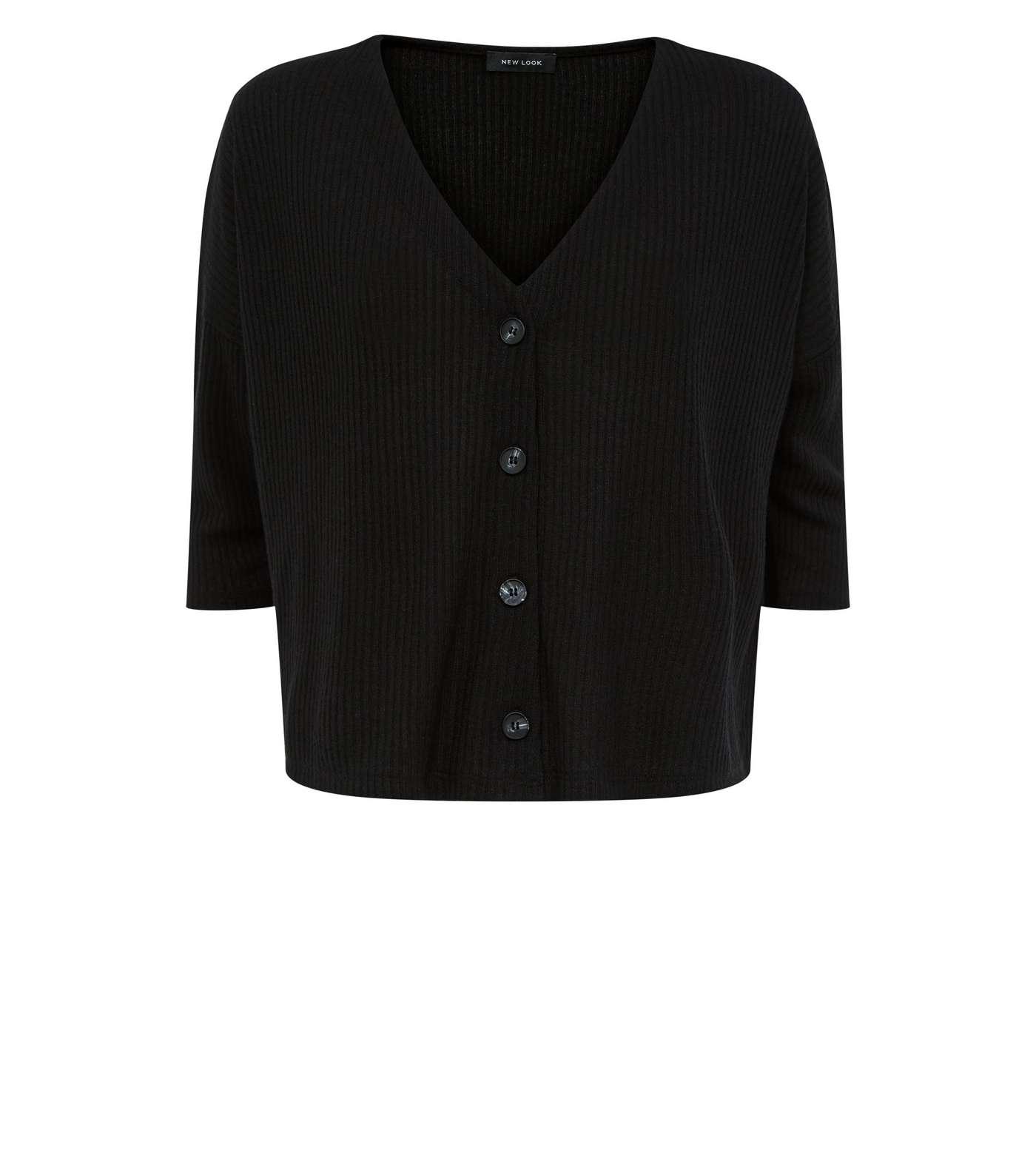 Black Ribbed Button Front 3/4 Sleeve Top Image 4