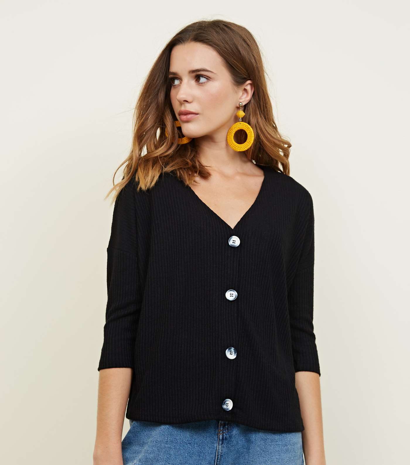 Black Ribbed Contrast Button Front 3/4 Sleeve Top