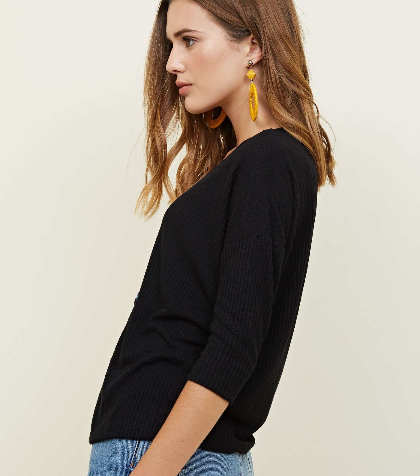Black Ribbed Contrast Button Front 3/4 Sleeve Top Image 3