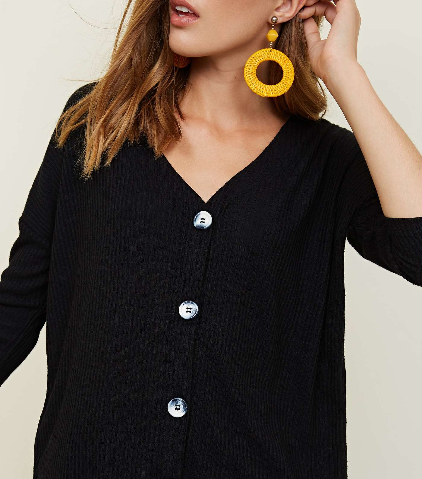 Black Ribbed Contrast Button Front 3/4 Sleeve Top Image 5