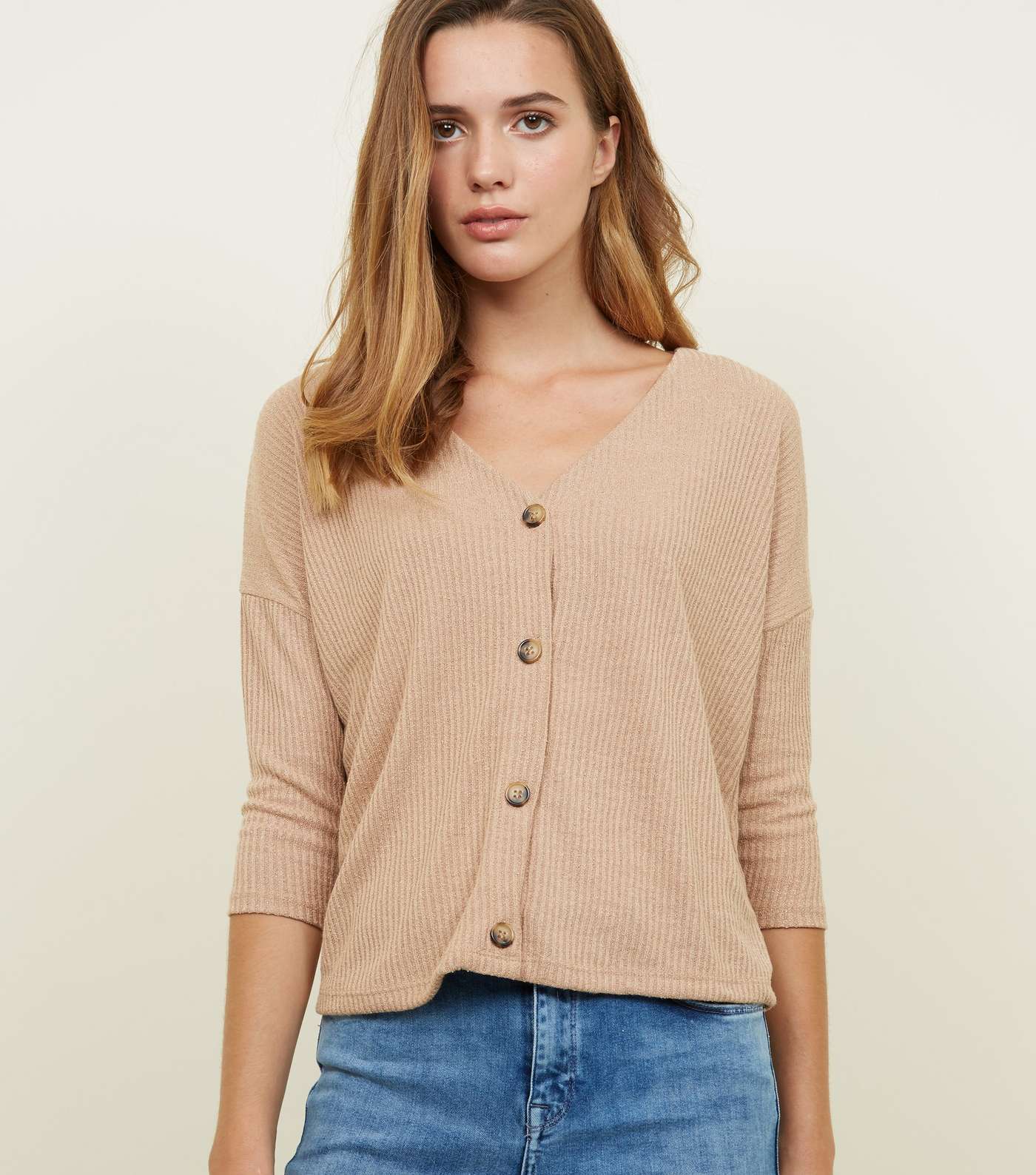 Camel Ribbed Button Front 3/4 Sleeve Top