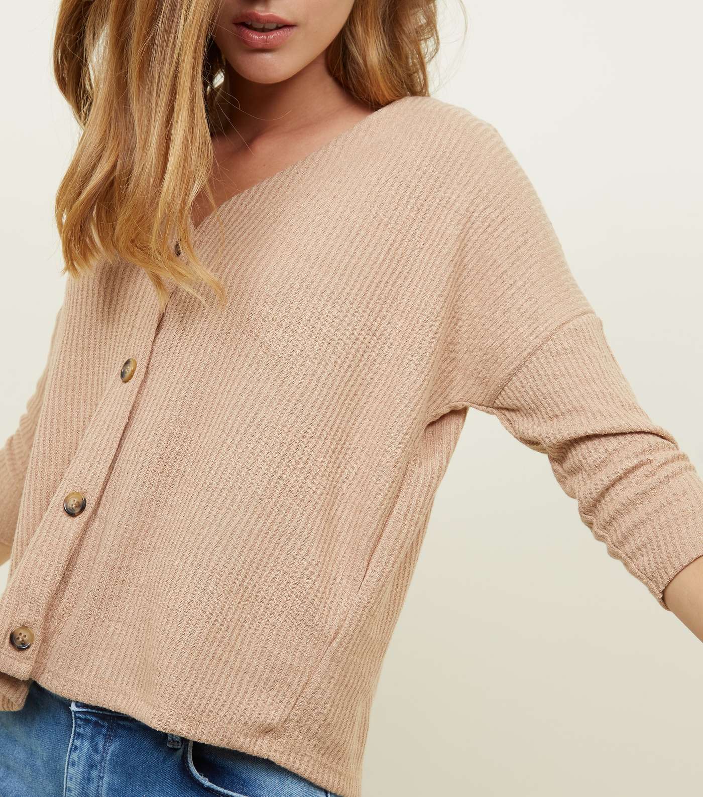 Camel Ribbed Button Front 3/4 Sleeve Top Image 3