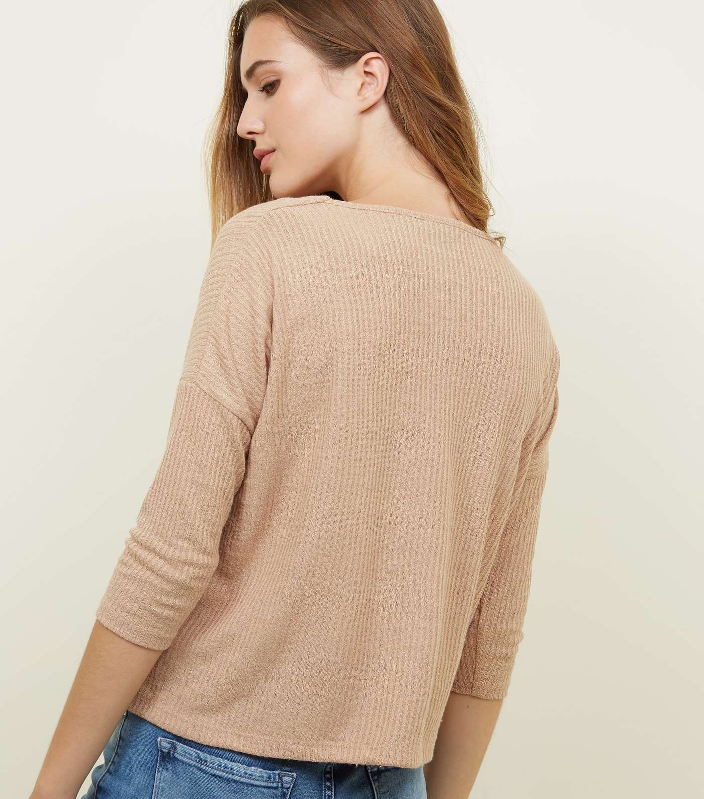 Camel Ribbed Button Front 3/4 Sleeve Top Image 5