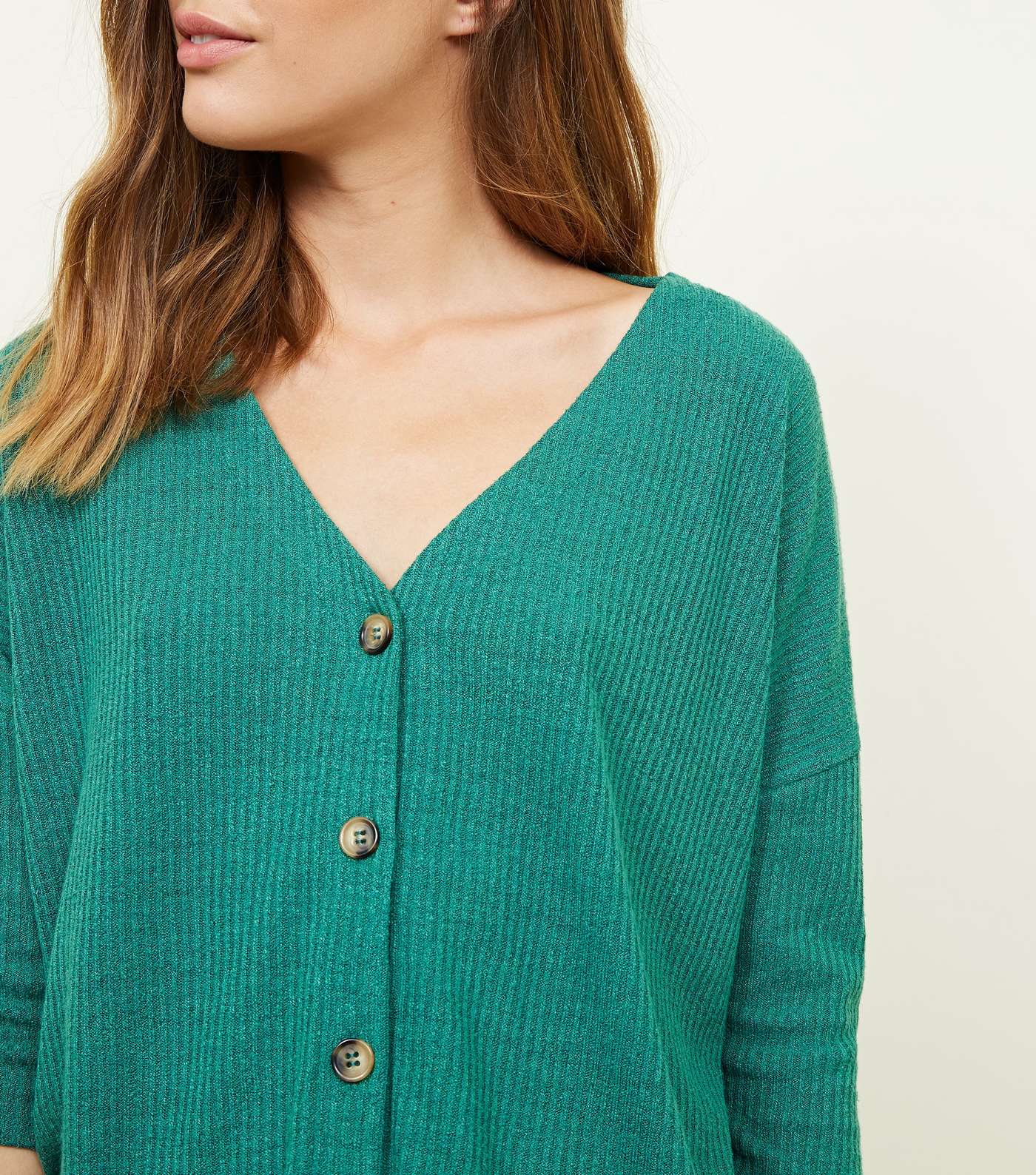 Green Ribbed Button Front 3/4 Sleeve Top Image 5