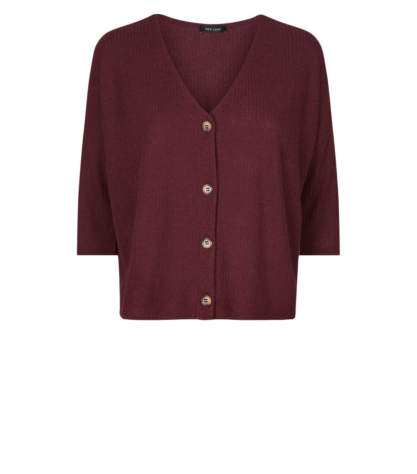 Burgundy Ribbed Button Front 3/4 Sleeve Top  Image 4