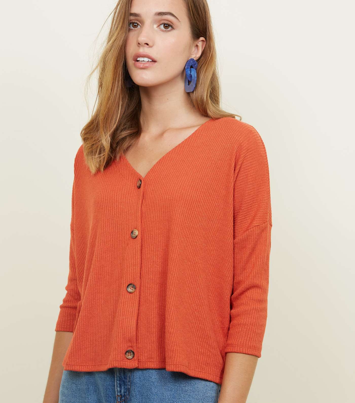 Orange Ribbed Button Front 3/4 Sleeve Top