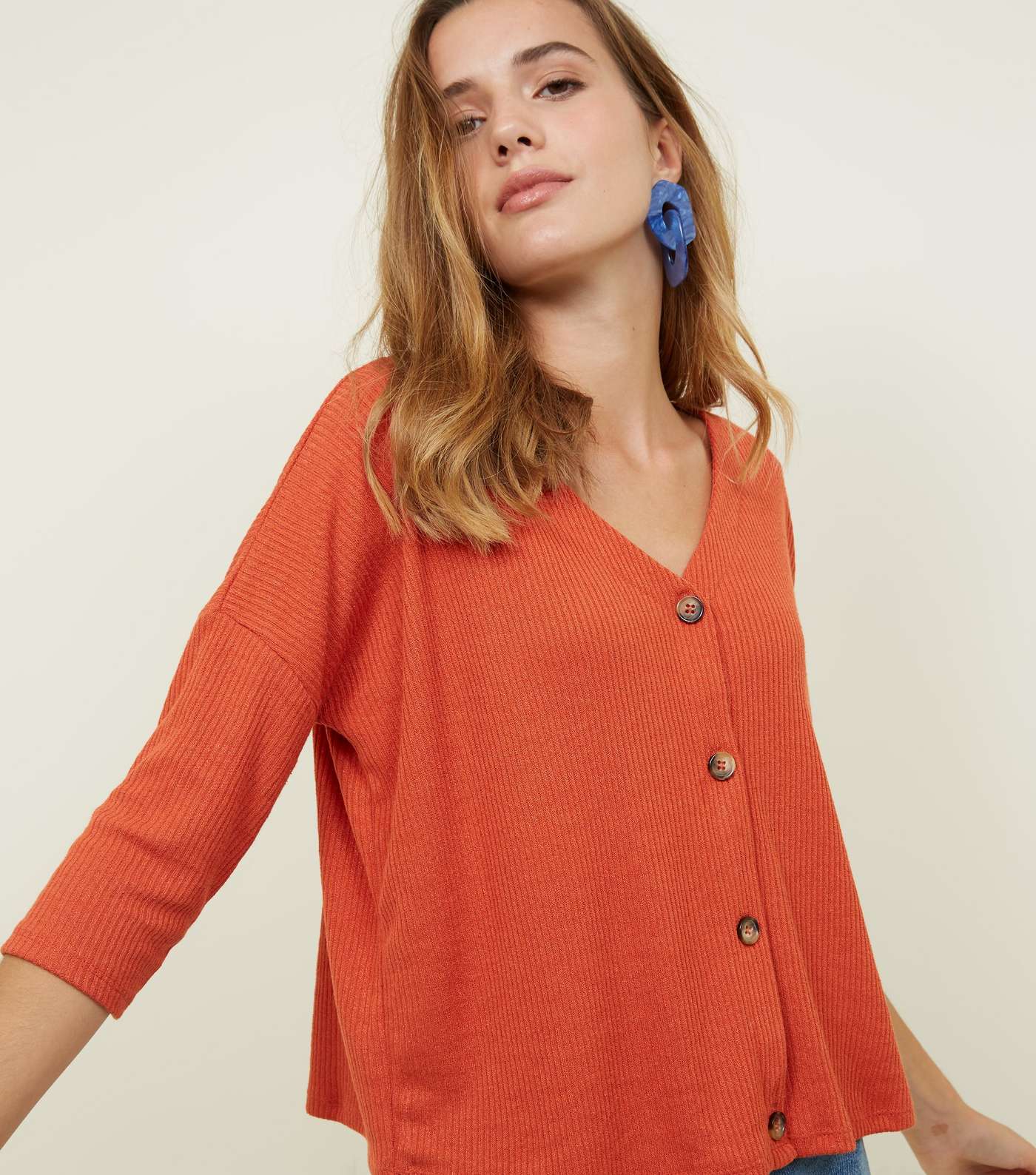 Orange Ribbed Button Front 3/4 Sleeve Top Image 3