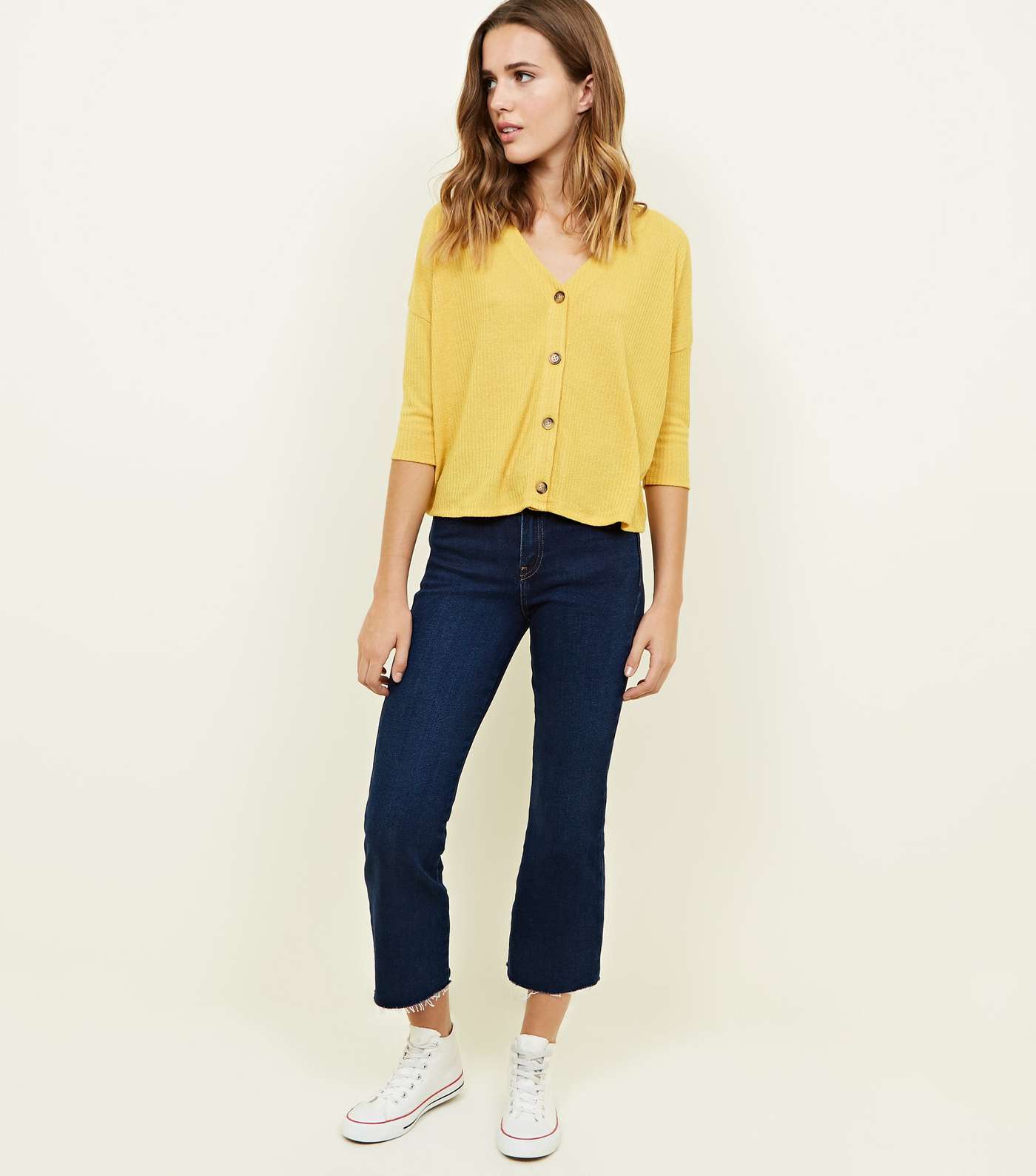Mustard Ribbed Button Front 3/4 Sleeve Top Image 2