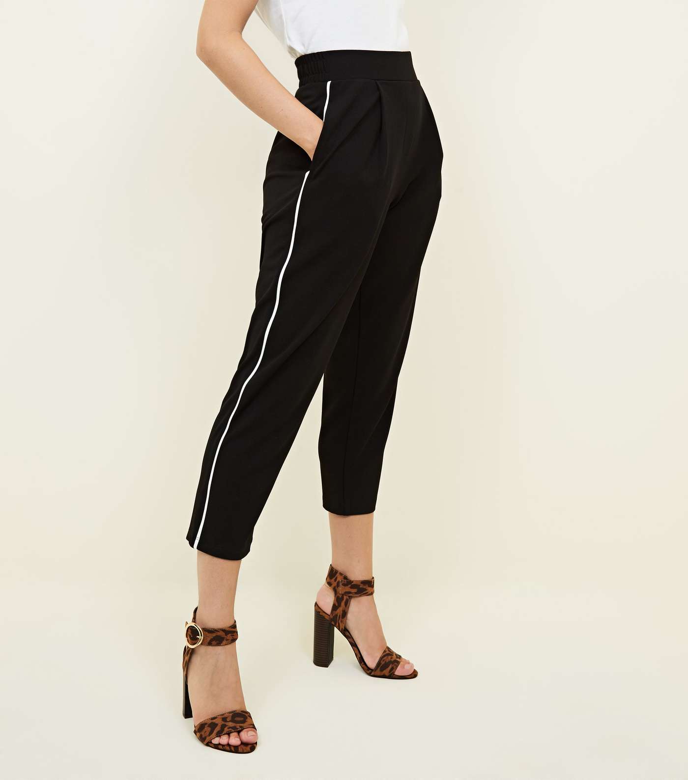 Petite Black Piped Side Stripe Tapered Trousers Image 2