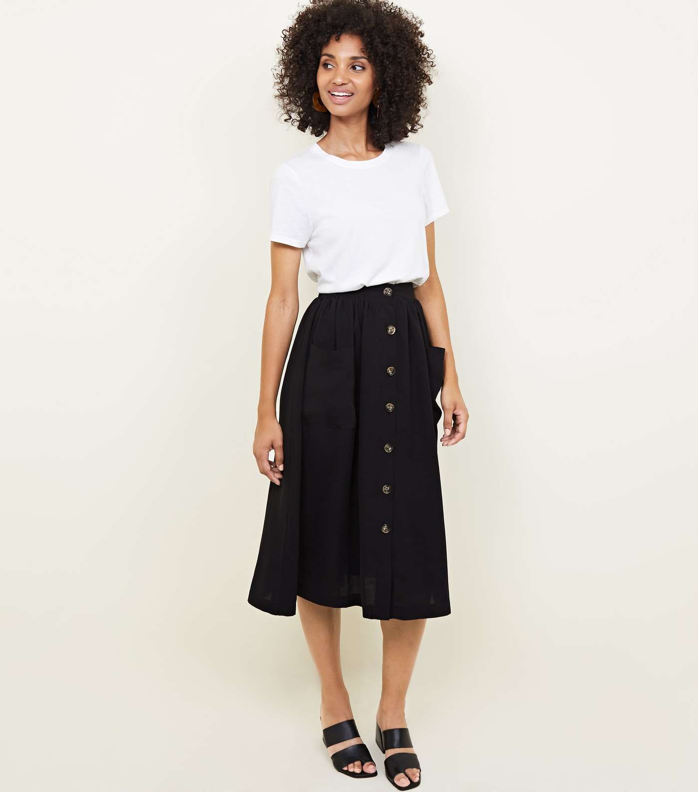 Black Button Through Pocket Midi Skirt