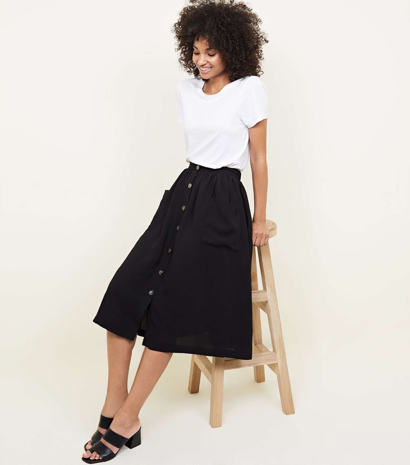 Black Button Through Pocket Midi Skirt Image 5