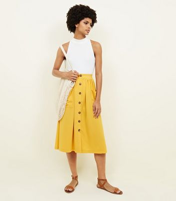 Yellow Button Through Pocket Midi Skirt New Look