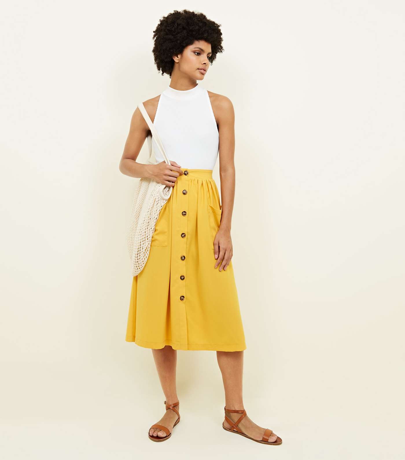 Yellow Button Through Pocket Midi Skirt
