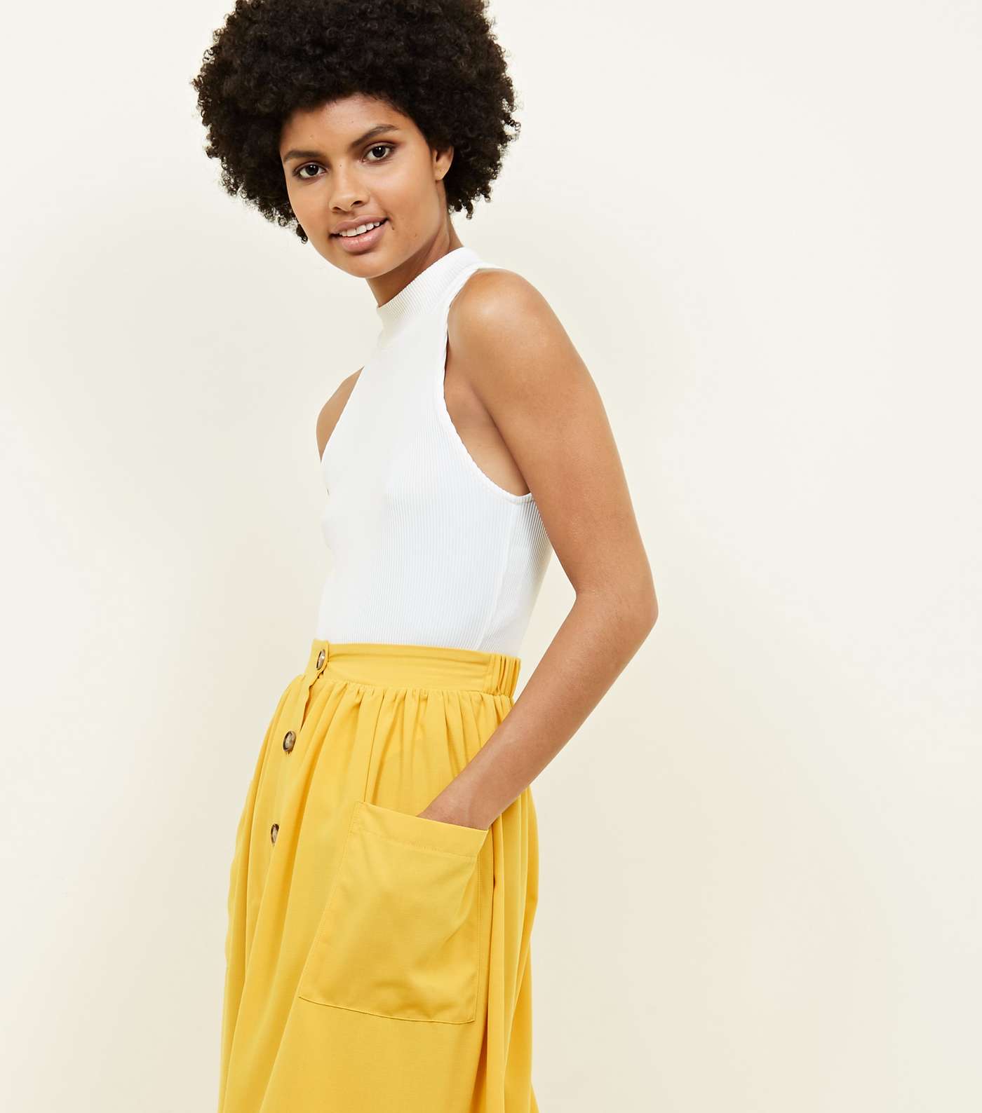 Yellow Button Through Pocket Midi Skirt Image 7