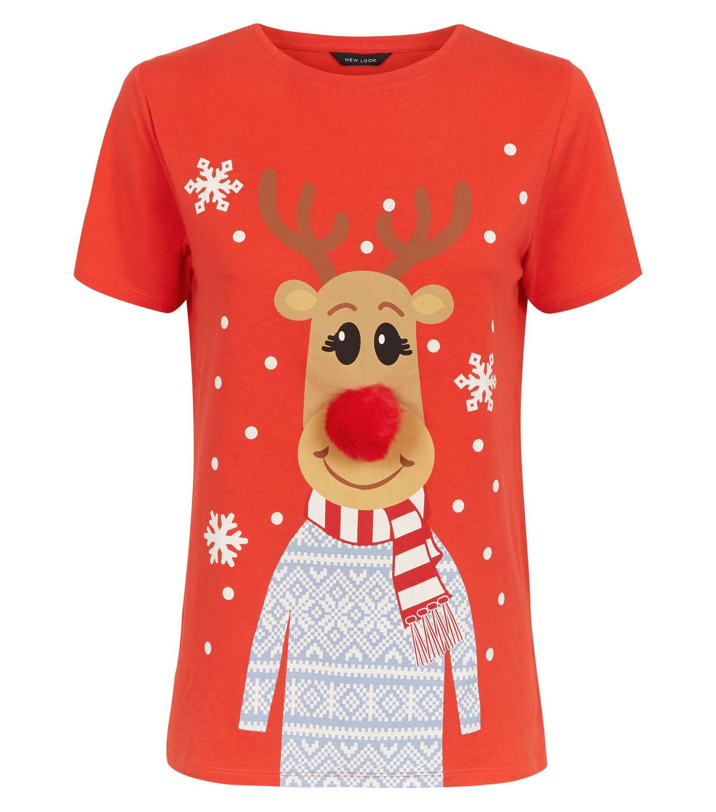 Red Christmas Reindeer Pom-Pom T-Shirt Image 4