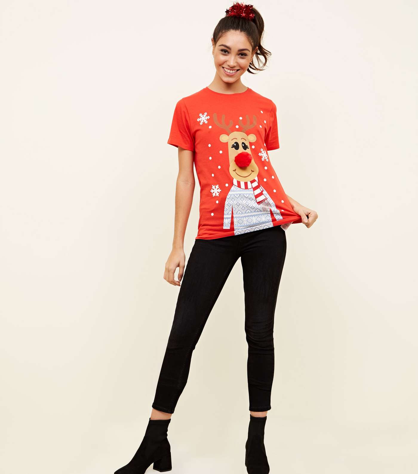 Red Christmas Reindeer Pom-Pom T-Shirt Image 2