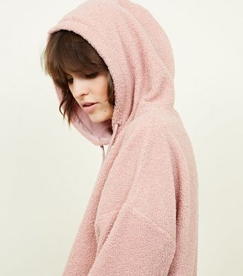 Pale Pink Borg Oversized Hoodie New Look