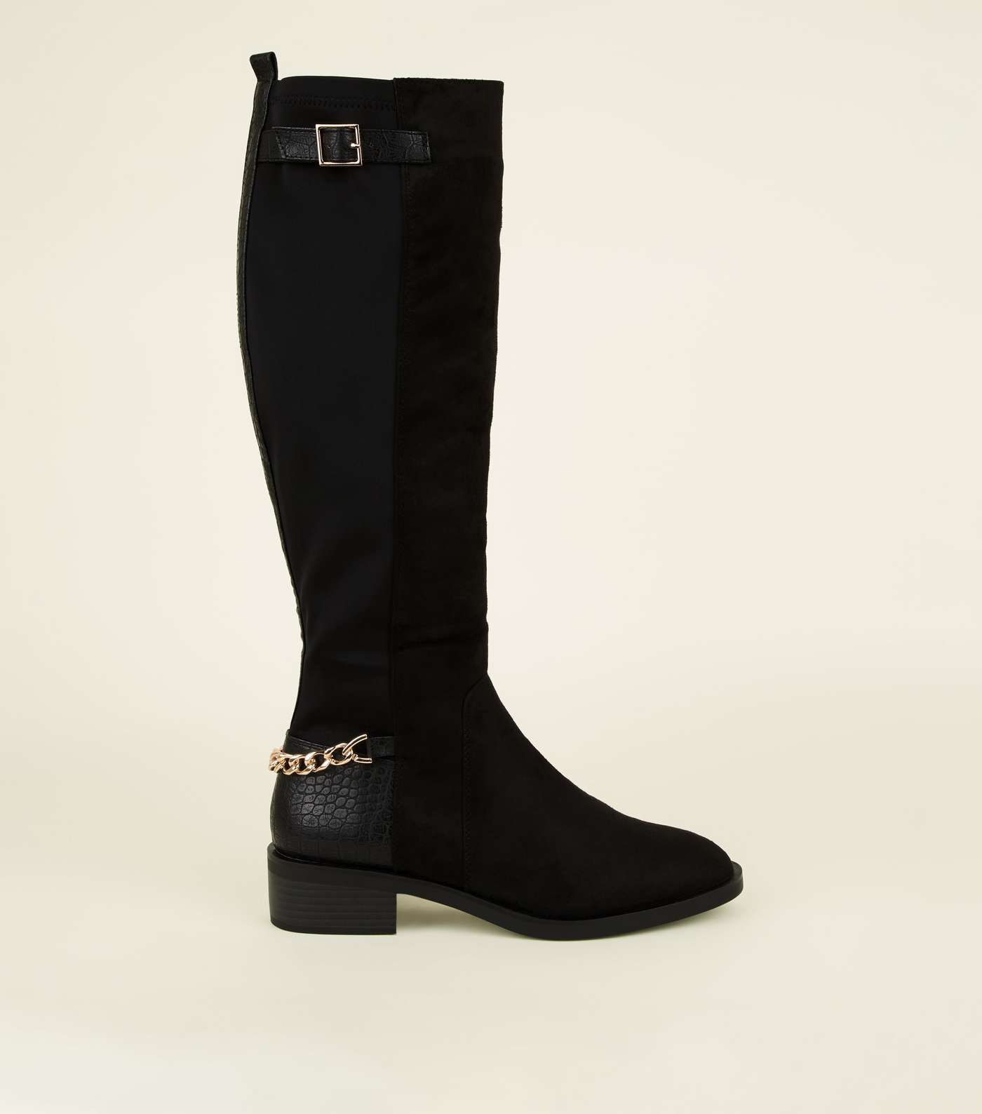 Black Suedette Chain Strap Knee High Boots