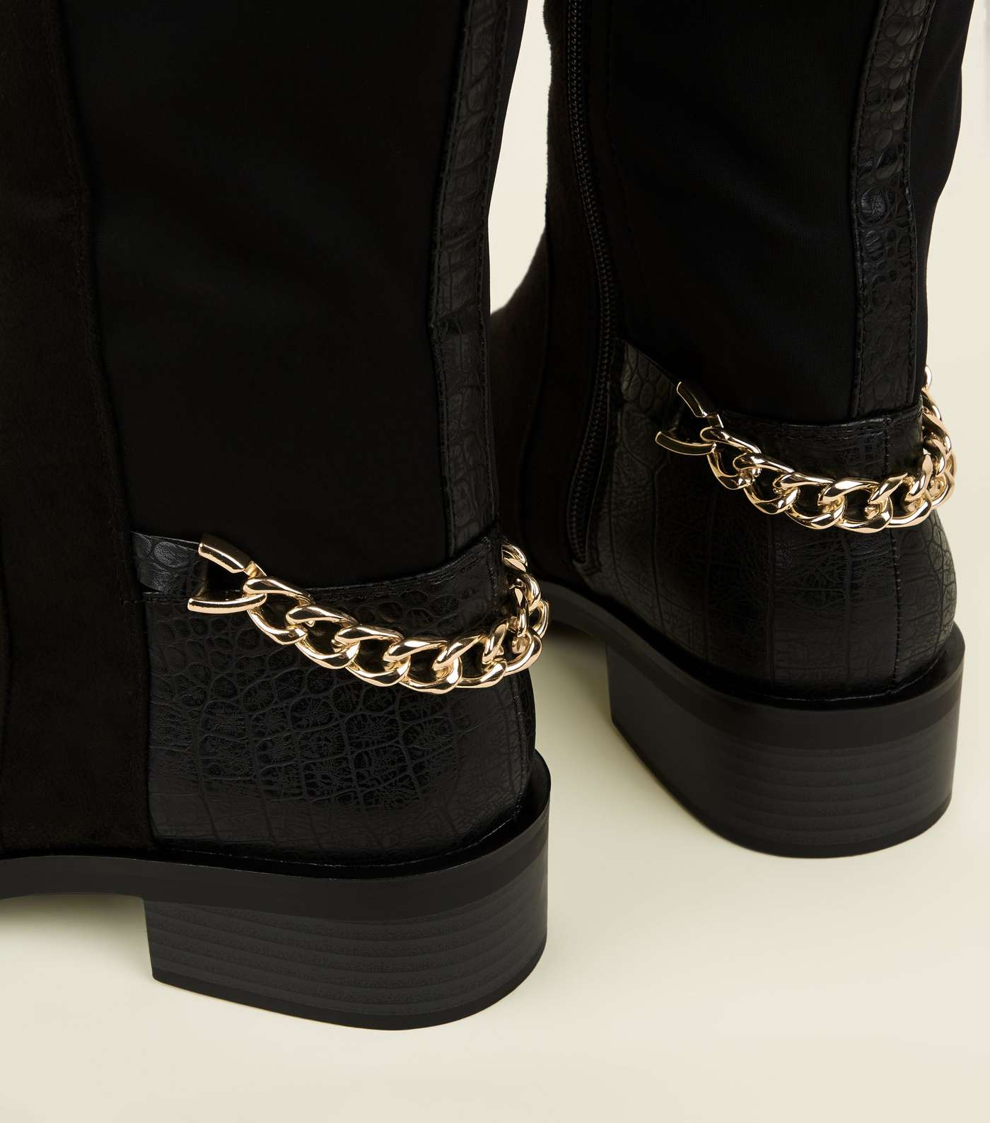 Black Suedette Chain Strap Knee High Boots Image 3