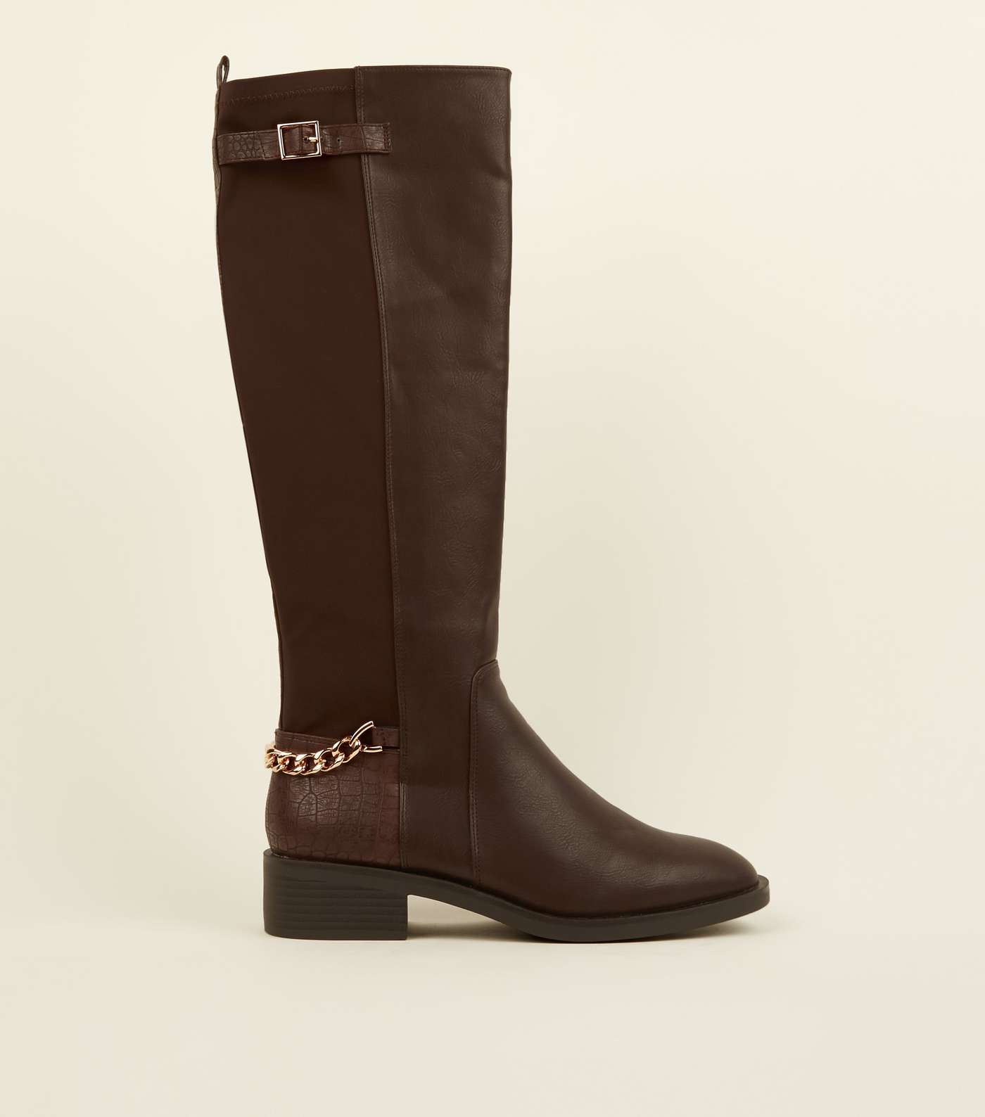 Brown Leather-Look Chain Strap Knee High Boots