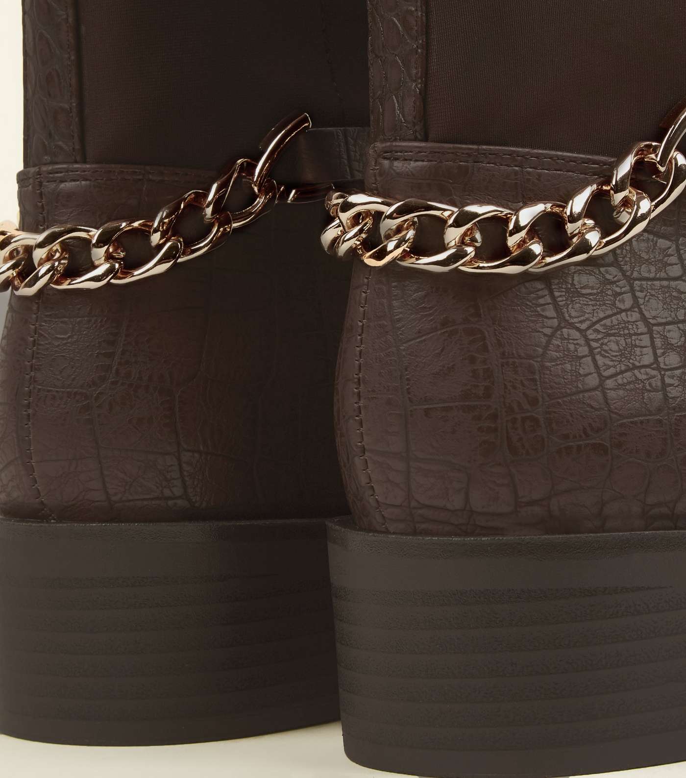 Brown Leather-Look Chain Strap Knee High Boots Image 3