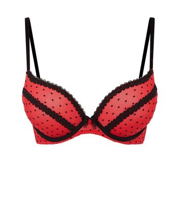 Dark Red Spot Mesh Boost Bra | New Look