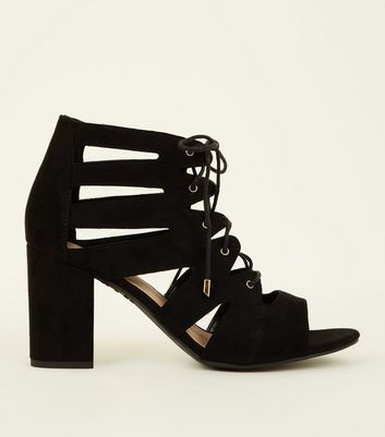 black suedette lace up ghillie block heels