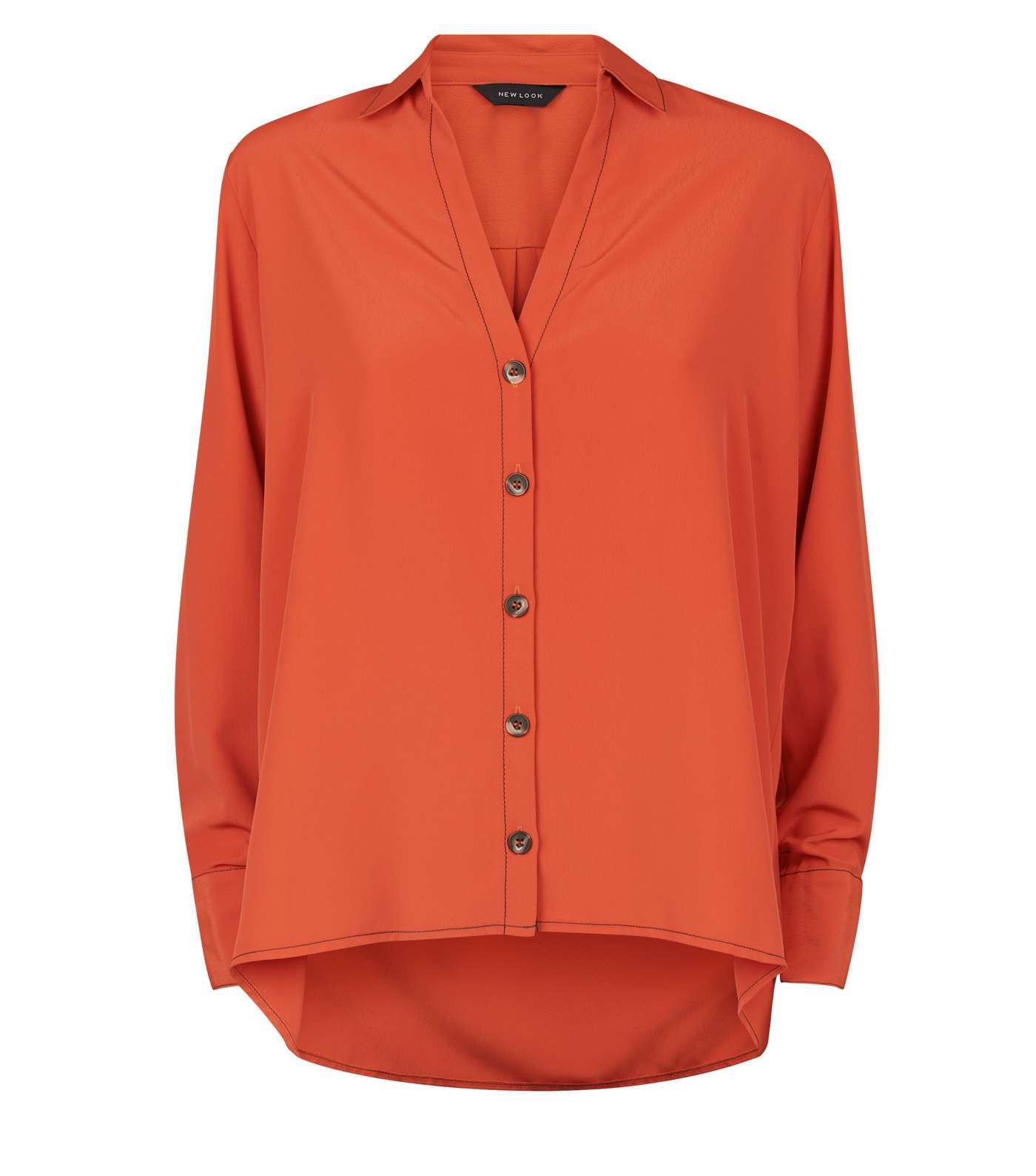 Orange Open Collar Contrast Stitch Shirt Image 4