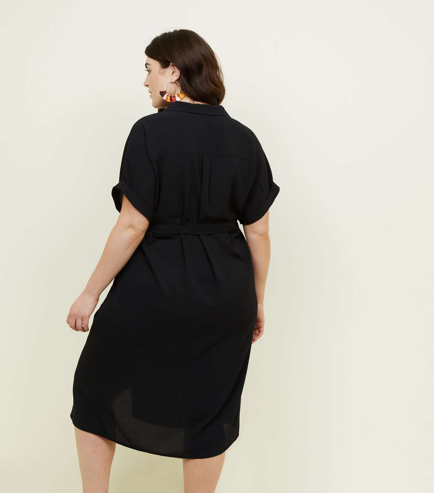 Curves Black Revere Collar Belted Shirt Dress Image 3