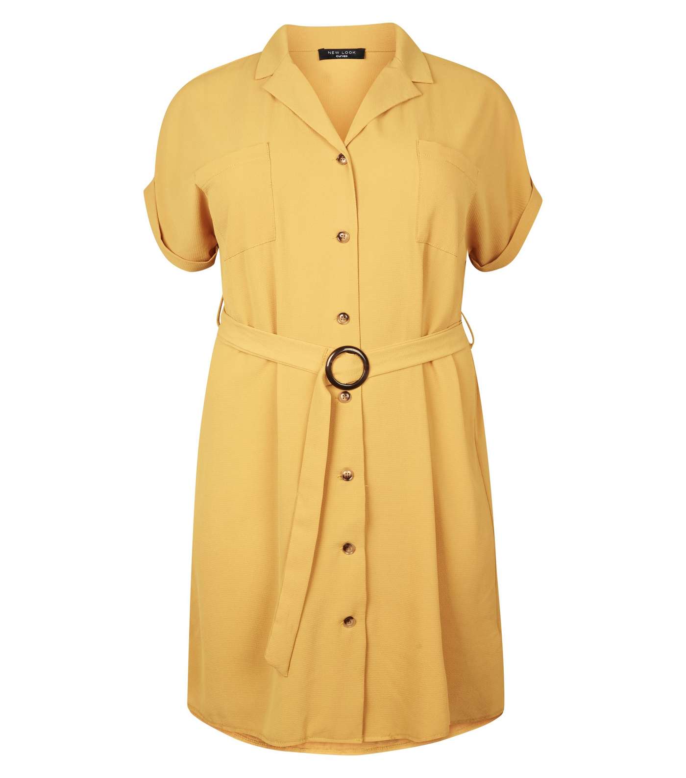 Curves Yellow Revere Collar Belted Shirt Dress Image 4