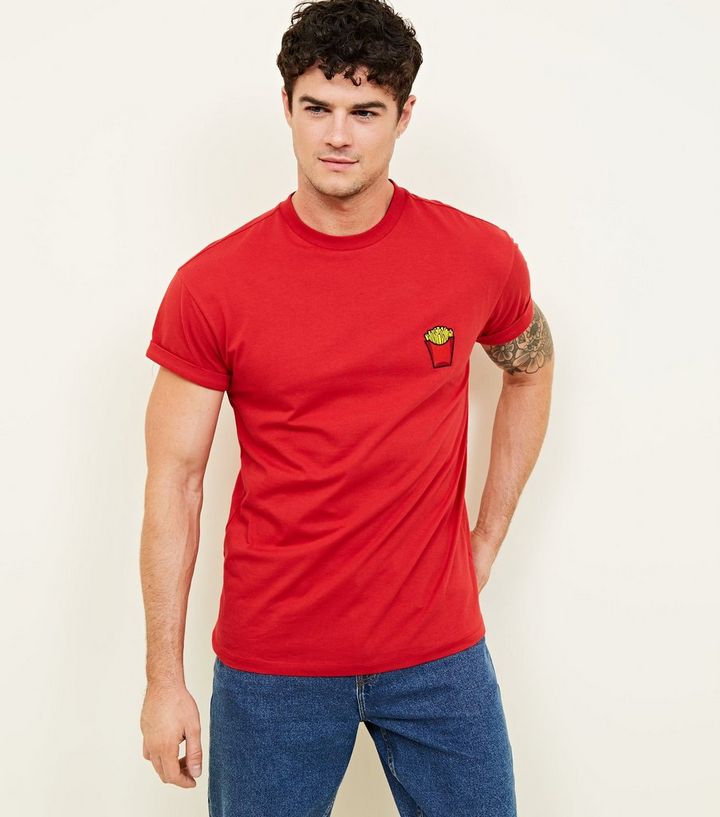 Rotes T Shirt Mit Pommes Stickerei New Look