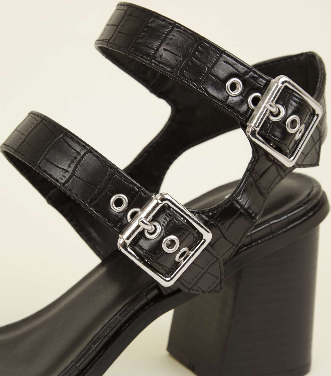 Wide Fit Black Faux Croc Buckle Strap Sandals Image 3