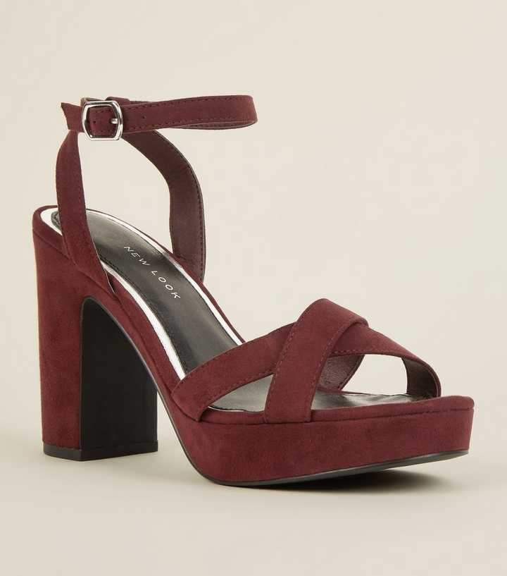 Wide Fit Dark Red Suedette Cross Strap Platform Heels