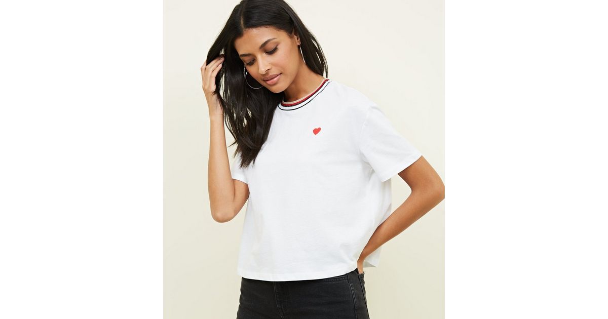 White Heart Logo Tipped Neck T-Shirt | New Look
