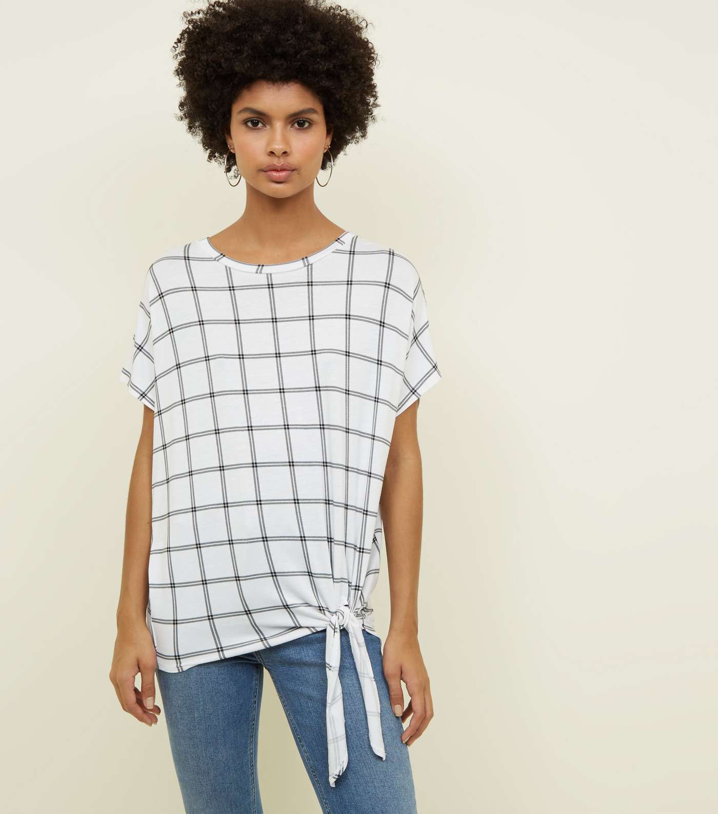 White Grid Check Tie Side T-Shirt