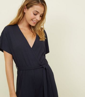 black ribbed wrap front culotte jumpsuit