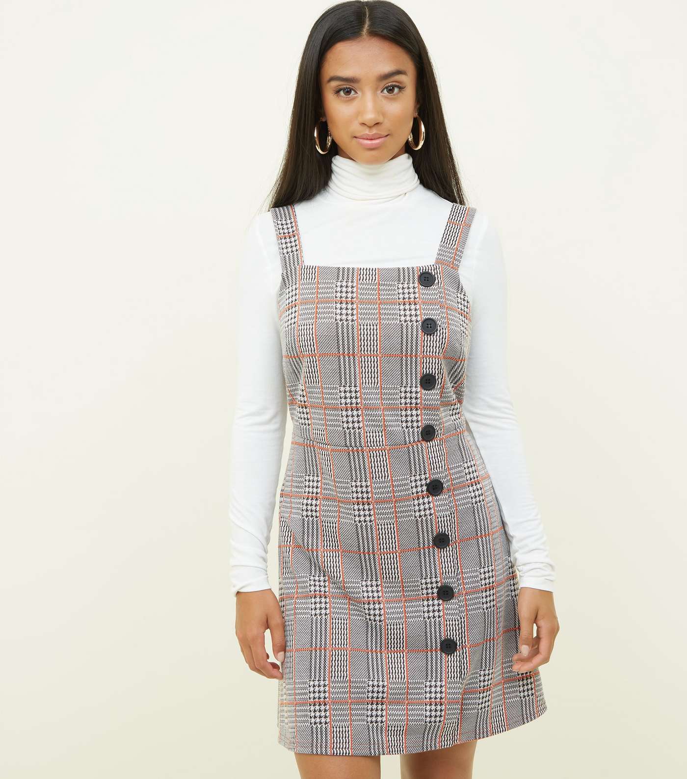 Petite Grey Check Button Side Pinafore Dress