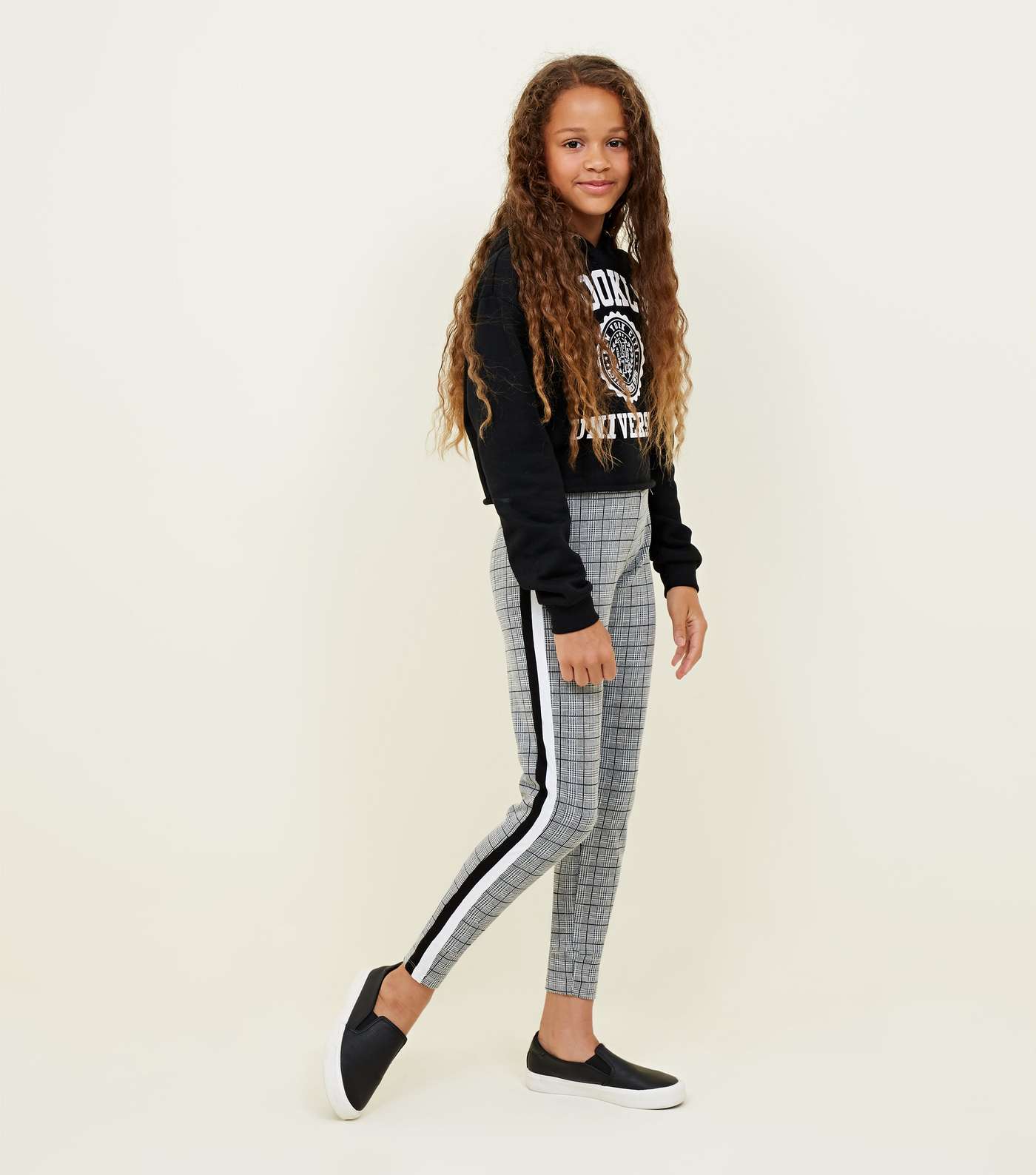 Girls Light Grey Check Stripe Side Leggings Image 6