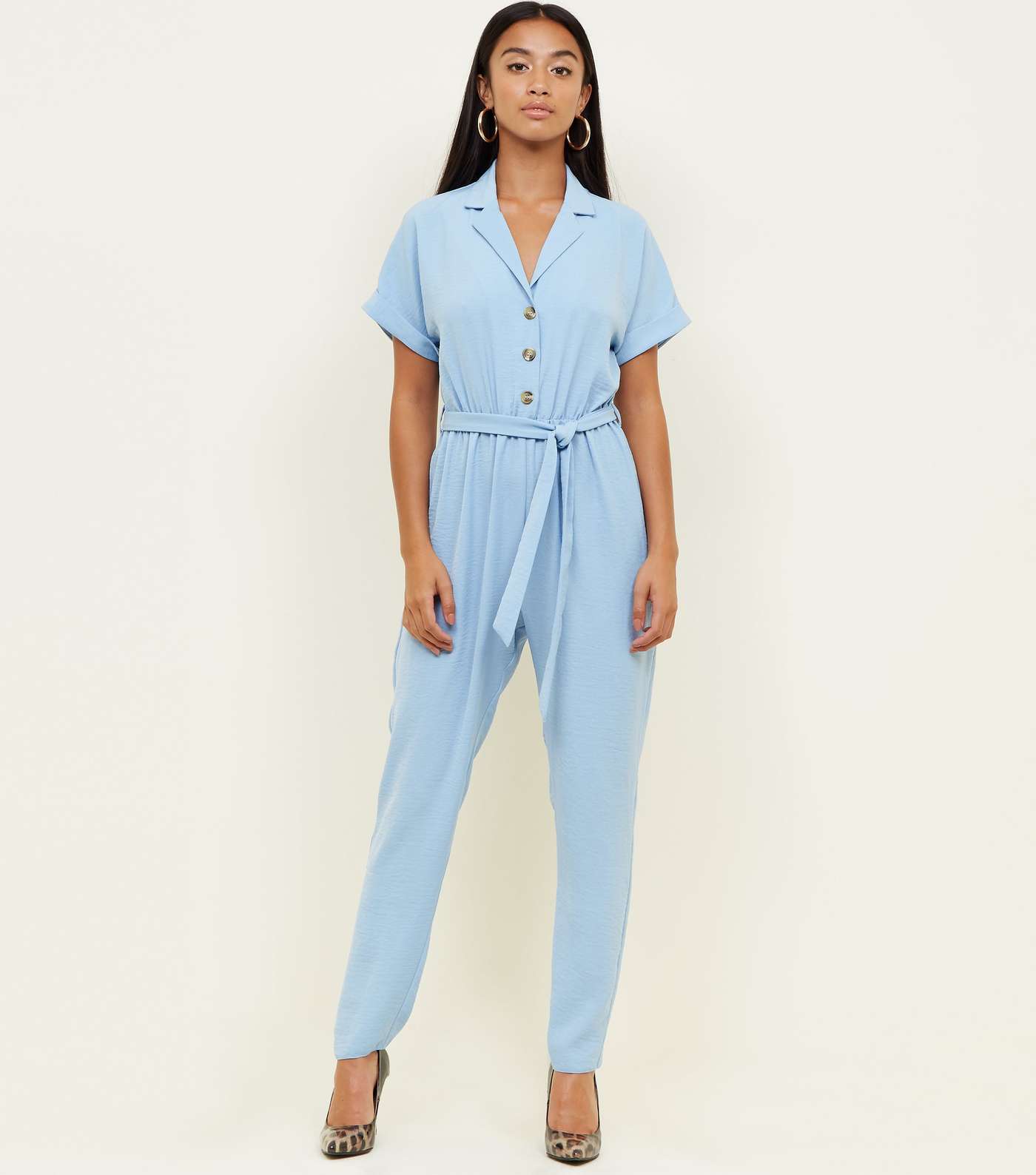 Petite Blue Button Front Tapered Jumpsuit
