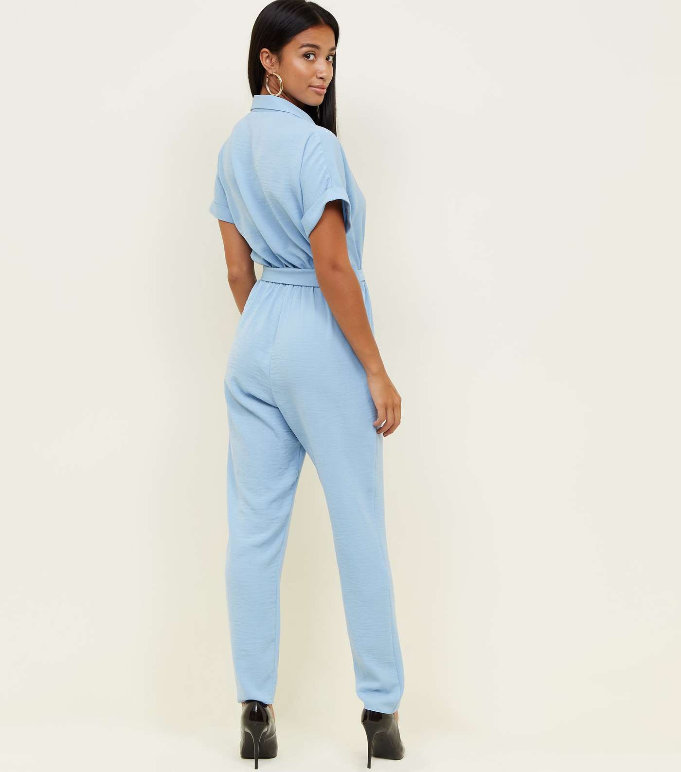 Petite Blue Button Front Tapered Jumpsuit Image 3