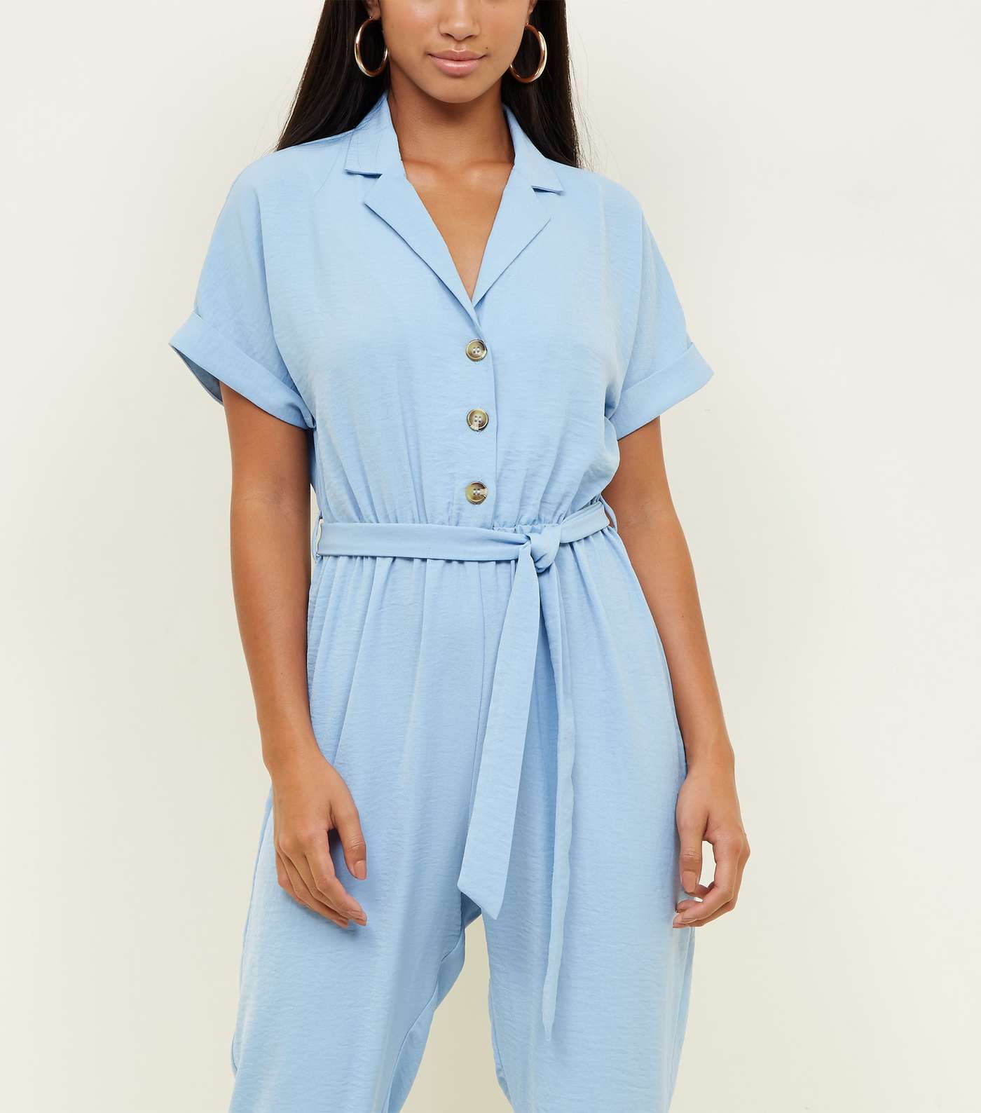 Petite Blue Button Front Tapered Jumpsuit Image 5