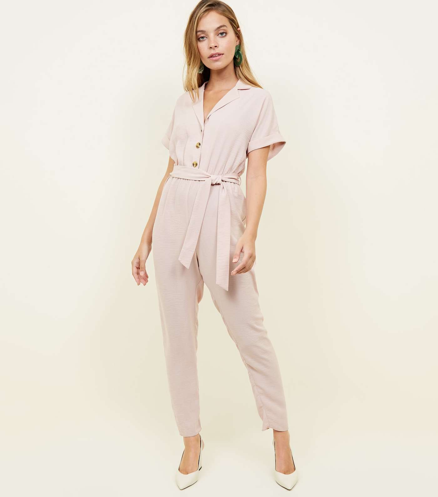 Petite Pale Pink Button Front Tapered Jumpsuit
