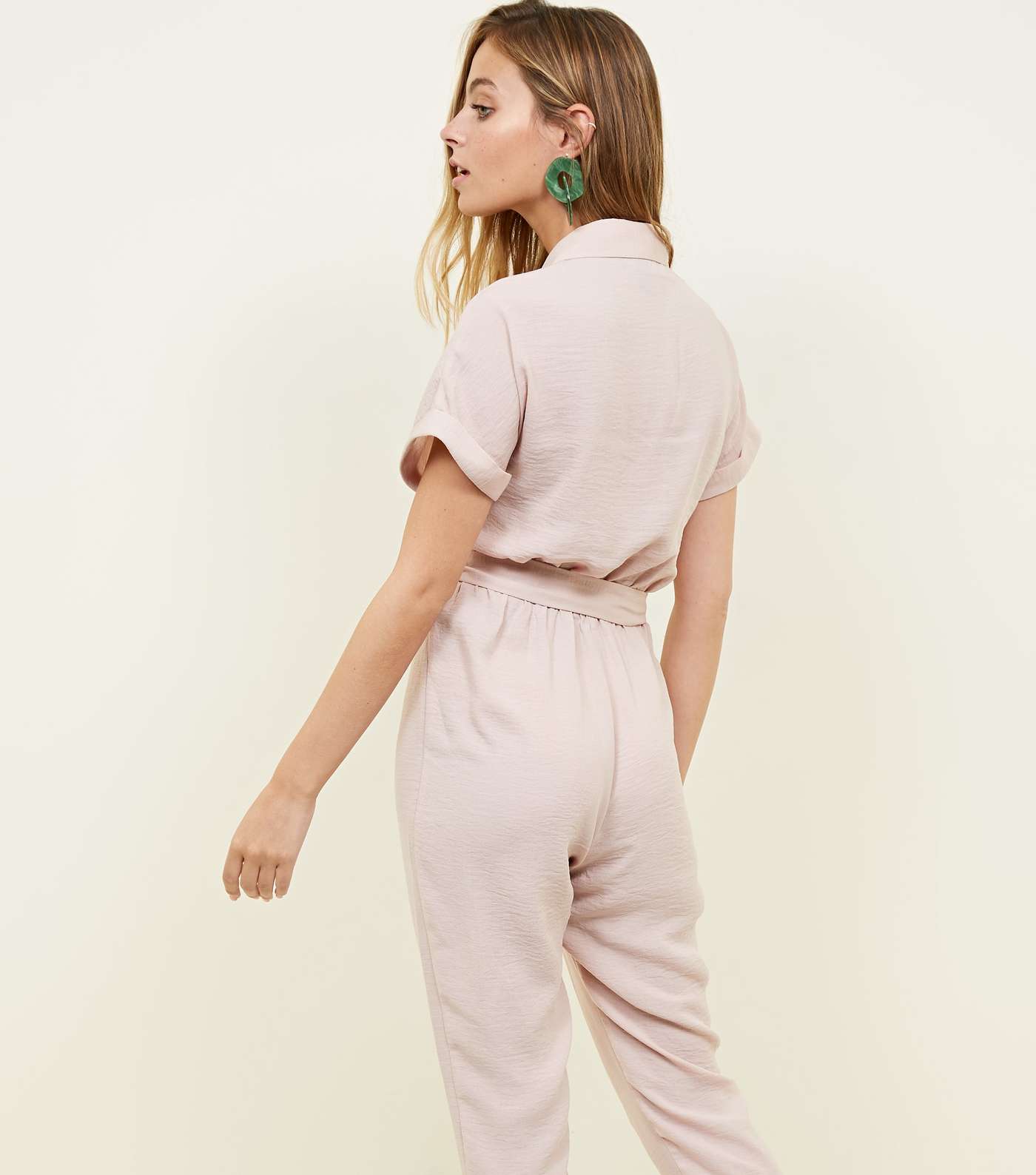 Petite Pale Pink Button Front Tapered Jumpsuit Image 3
