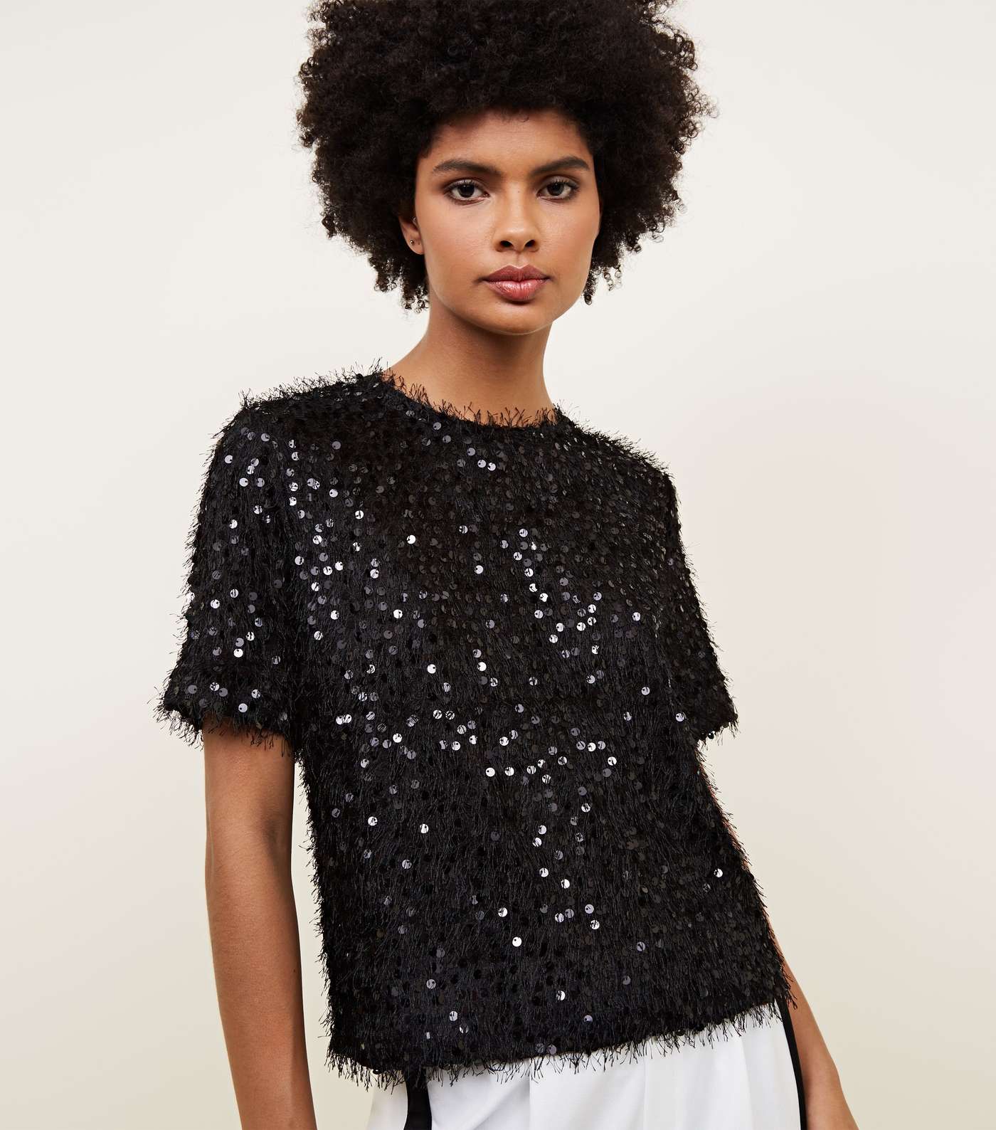 Black Faux Feather and Sequin T-Shirt