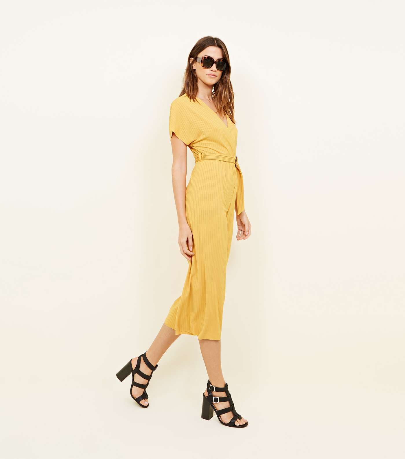 Mustard Ribbed Belted Wrap Jumpsuit