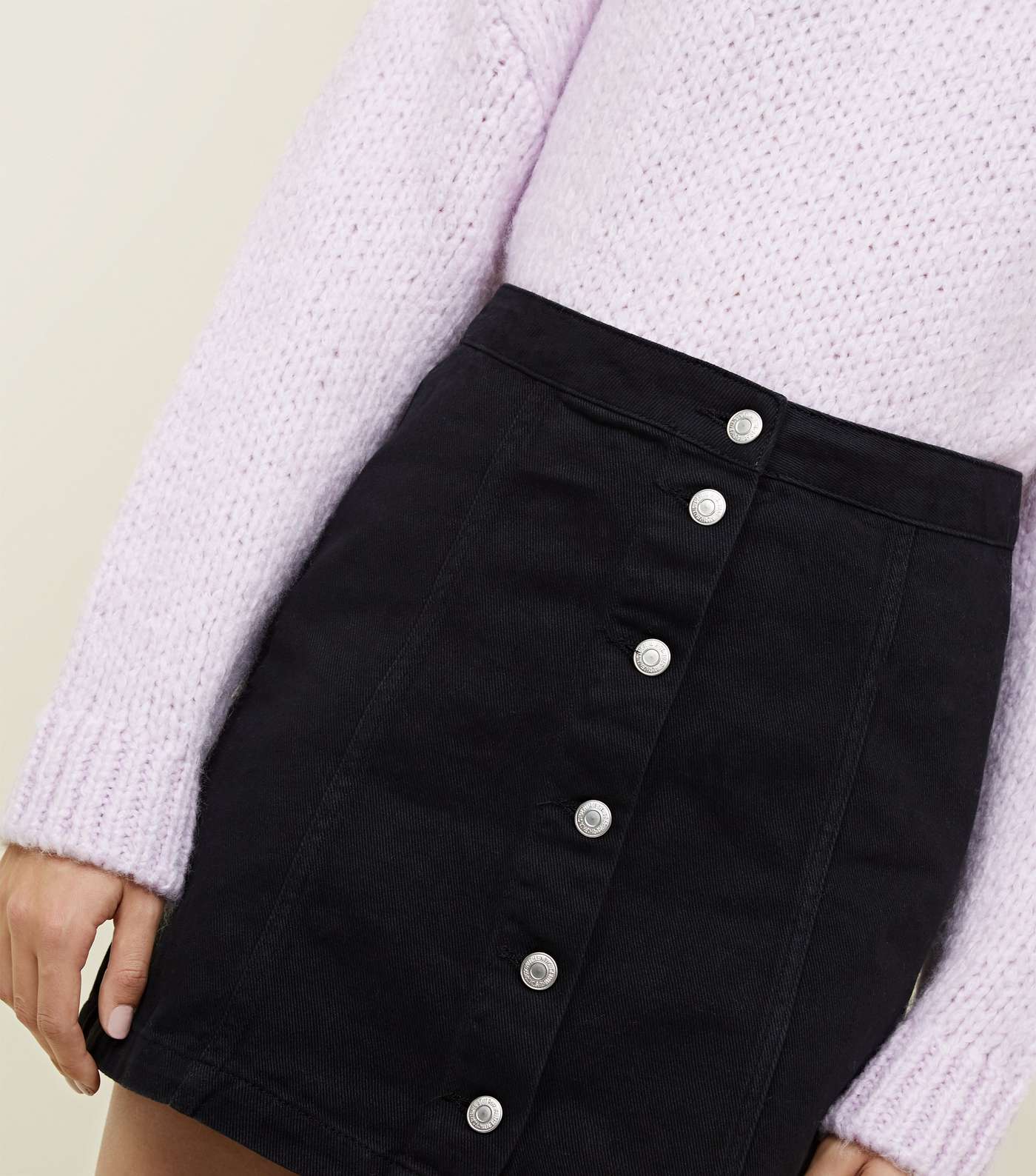 Black Button Front A-Line Denim Skirt  Image 5