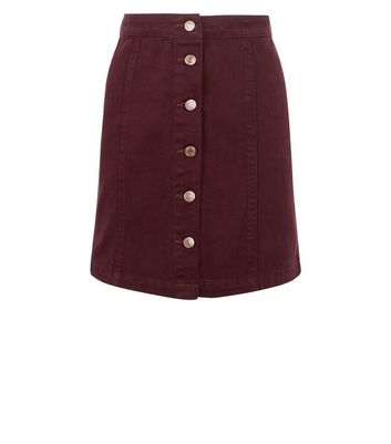 Burgundy Button Front A-Line Denim Skirt | New Look