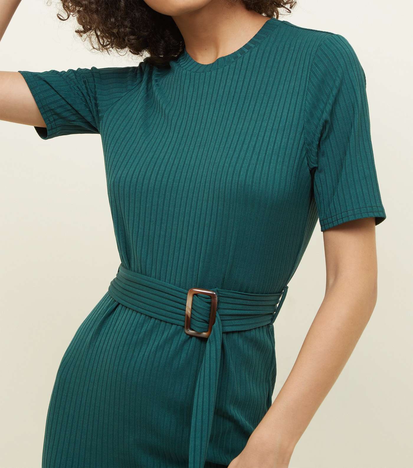 Dark Green Ribbed Belted T-Shirt Midi Dress Image 6
