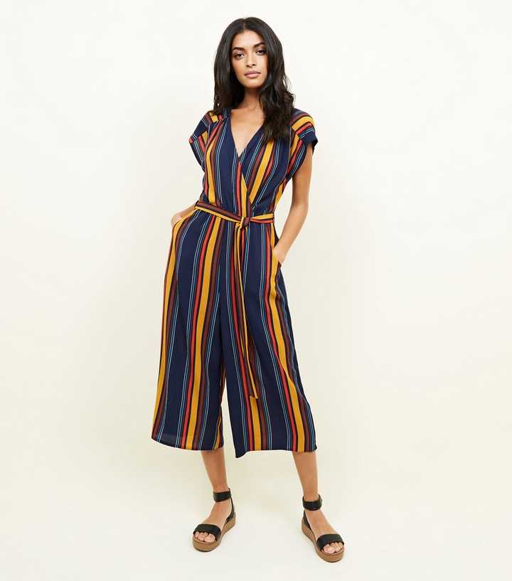 Navy Pinstripe Wrap Front Culotte Jumpsuit